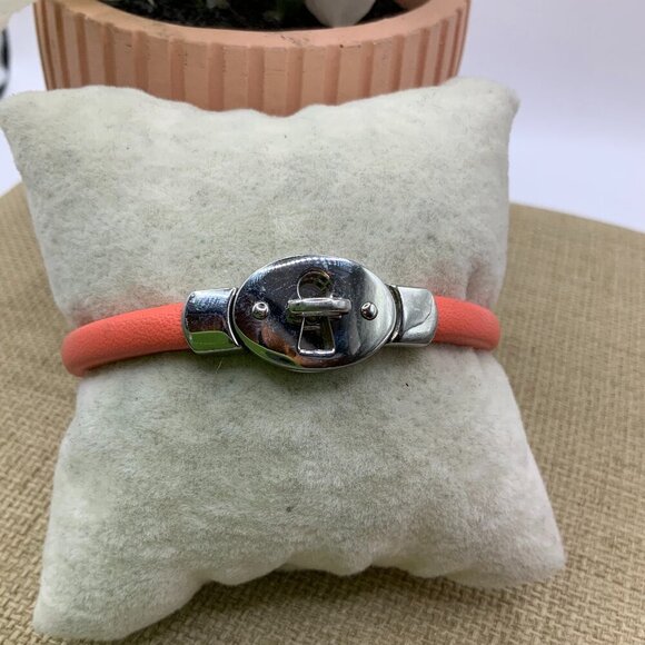 Fossil Sterling Silver Lock Key Coral Leather Band Bracelet - Picture 1 of 6